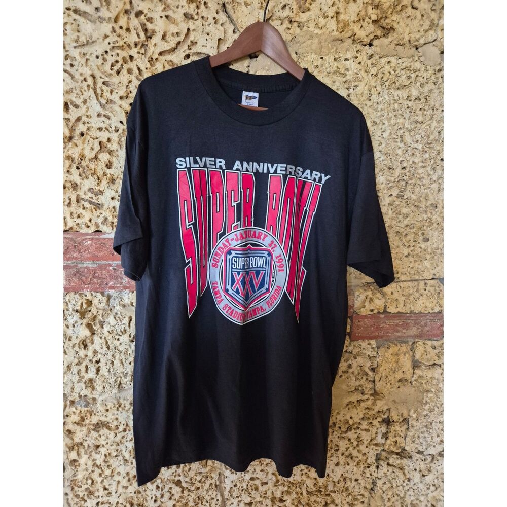 Vintage Rare Super Bowl XXV 1991 Silver Anniversary T Shirt XL NFL Trench USA